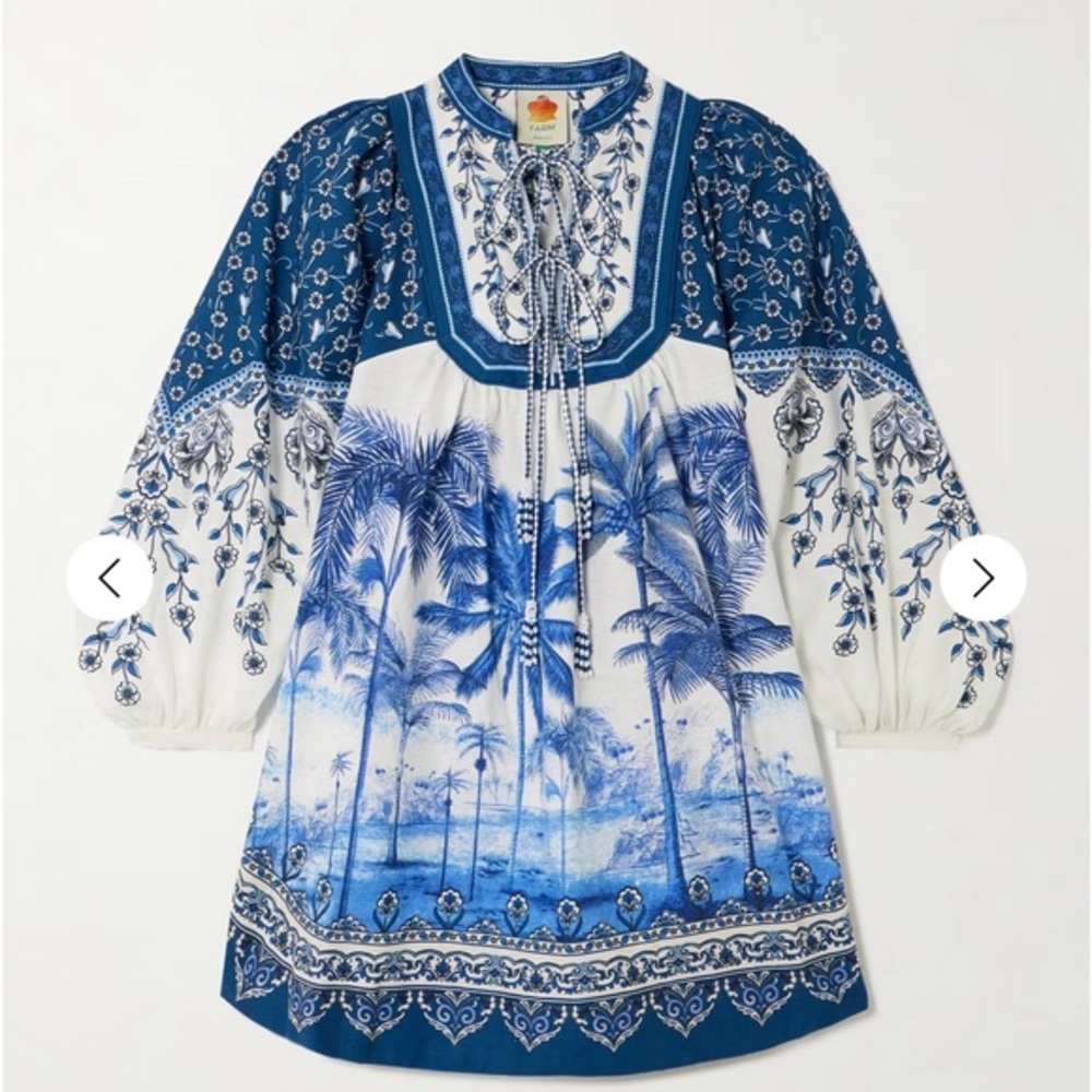 Farm Rio, tropical print, blue and white mini dress, medium